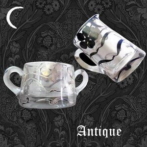 Antique Glass Sugar Creamer Set Sterling Silver Floral Overlay